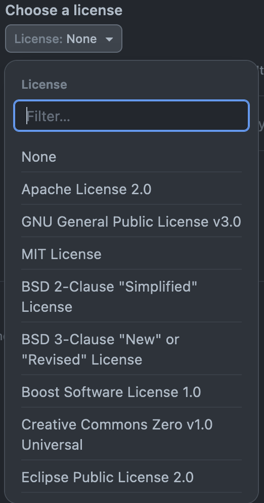 dropdown on Github showing various licences