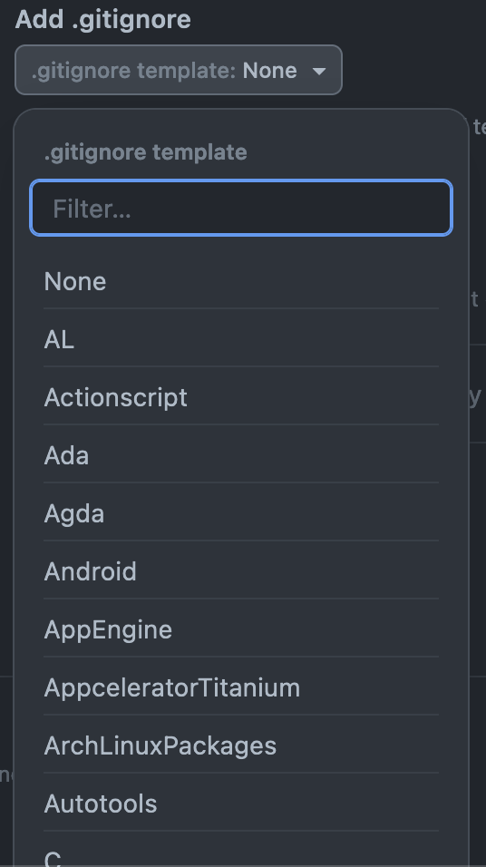 dropdown on gihub showing various programming laguages and frameworks to choose a .gitingore file