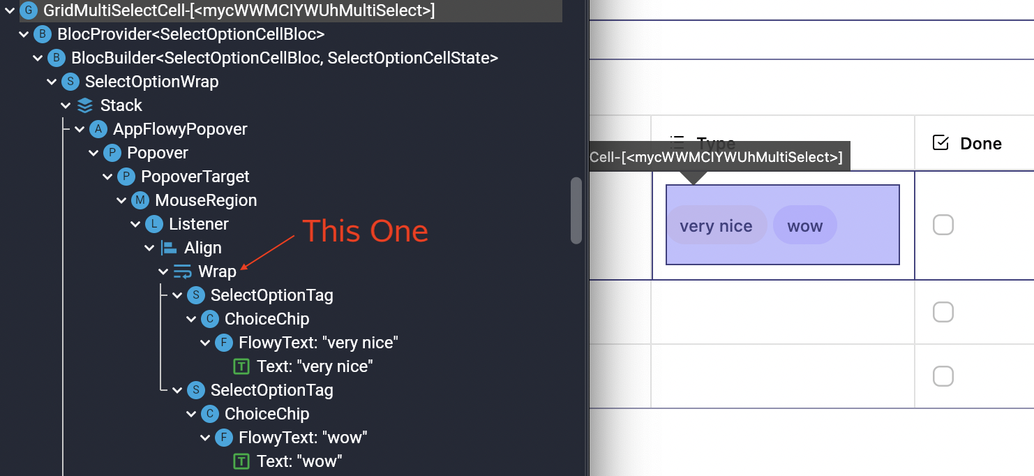 GridMultiSelectCell Widget Tree Culprit Highlighted